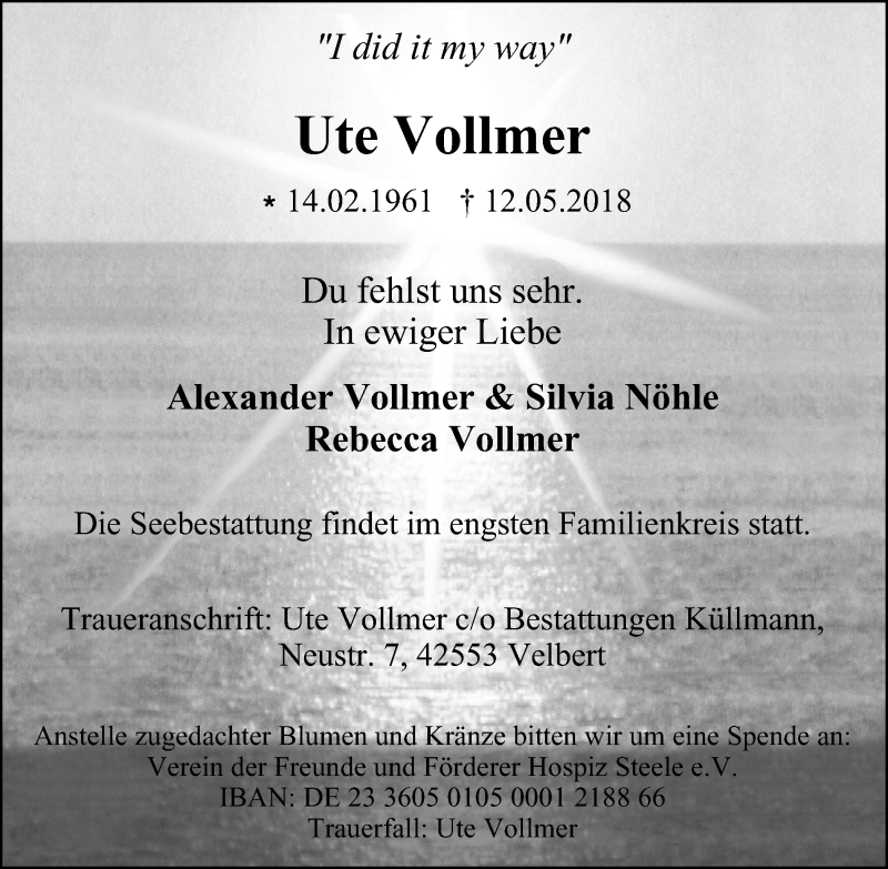  Traueranzeige für Ute Vollmer vom 19.05.2018 aus Stadtanzeiger Velbert + Heiligenhaus
