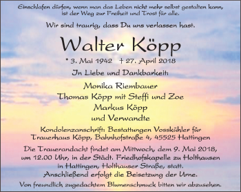 Traueranzeige von Walter Köpp von Stadtspiegel Hattingen/Niedersprockhövel