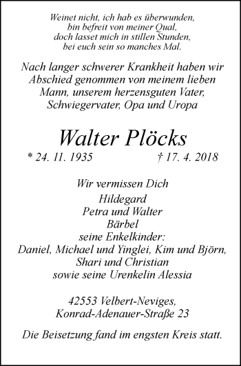 Traueranzeige von Walter Plöcks von Stadtanzeiger Velbert + Heiligenhaus