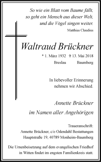 Traueranzeige von Waltraud Brückner von Wochen-Anzeiger Langenfeld/Monheim/Hilden
