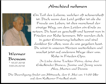 Traueranzeige von Werner Brosam von Klever Wochenblatt