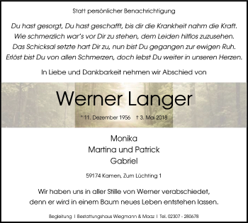 Traueranzeige von Werner Langer von Stadtspiegel Kamen + Unna