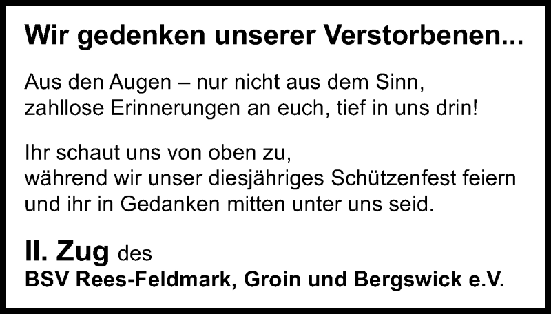  Traueranzeige für Wir gedenken BSV Rees-Feldmark, Groin und Bergswick e.V. vom 30.05.2018 aus Stadtanzeiger Emmerich/Rees/Isselburg
