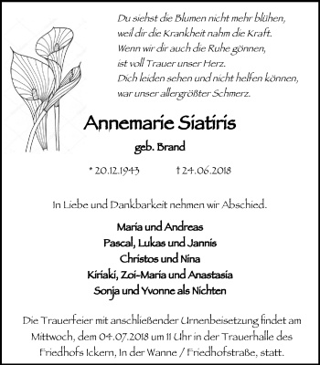 Traueranzeige von Annemarie Siatiris von Stadtanz.Castrop-Rauxel