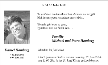Traueranzeige von Daniel Homberg von Stadtspiegel Menden + Froendenberg