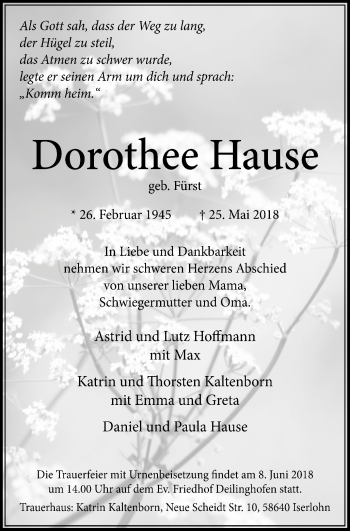 Traueranzeige von Dorothee Hause von Stadtspiegel Menden+Fröndenberg+Iserlohn/Hemer