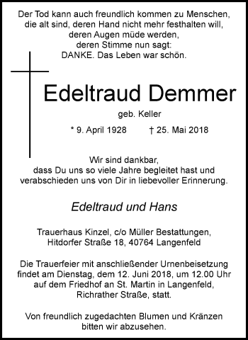 Traueranzeige von Edeltraud Demmer von Wochen-Anzeiger Langenfeld/Monheim/Hilden