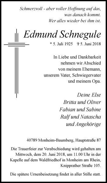 Traueranzeige von Edmund Schnegule von Wochen-Anzeiger Langenfeld/Monheim/Hilden