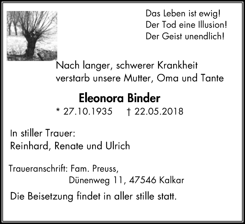  Traueranzeige für Eleonora Binder vom 16.06.2018 aus Wochen-Anzeiger Duisburg
