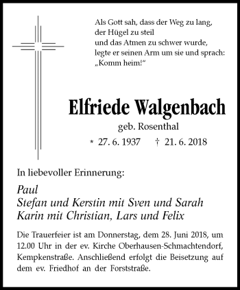 Traueranzeige von Elfriede Walgenbach von Wochen-Anzeiger Oberhausen