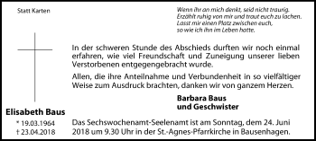 Traueranzeige von Elisabeth Baus von Stadtspiegel Menden + Froendenberg