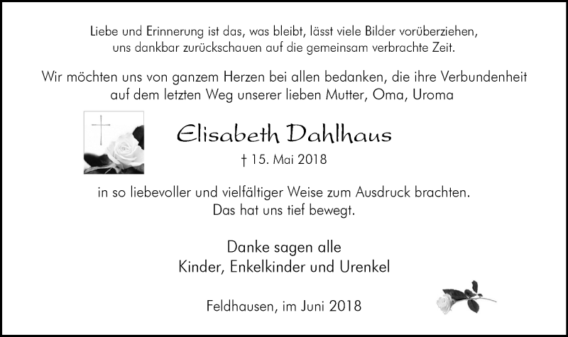  Traueranzeige für Elisabeth Dahlhaus vom 27.06.2018 aus Stadtspiegel Bottrop