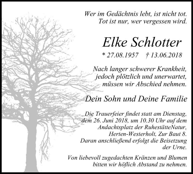  Traueranzeige für Elke Schlotter vom 20.06.2018 aus Stadtspiegel Gelsenkirchen