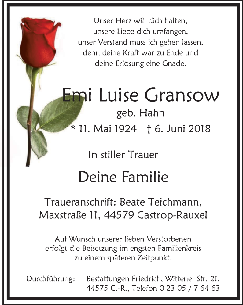  Traueranzeige für Emi Luise Gransow vom 09.06.2018 aus Stadtanz.Castrop-Rauxel