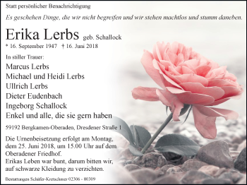 Traueranzeige von Erika Lerbs von Lüner Anzeiger