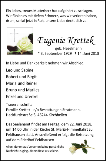 Traueranzeige von Eugenie Krettek von Stadtspiegel Bottrop
