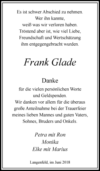 Traueranzeige von Frank Glade von Wochen-Anzeiger Langenfeld/Monheim/Hilden