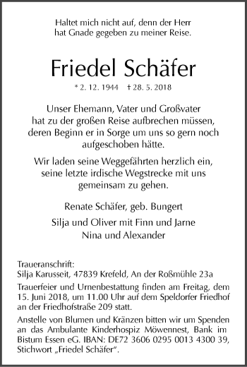 Traueranzeige von Friedel Schäfer von Mülheimer Woche