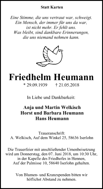 Traueranzeige von Friedhelm Heumann von Stadtspiegel Iserlohn + Hemer