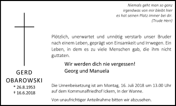 Traueranzeige von Gerd Obarowski von Stadtanz.Castrop-Rauxel
