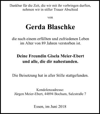 Traueranzeige von Gerda Blaschke von Süd Anzeiger Essen