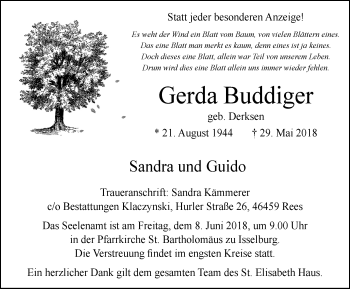 Traueranzeige von Gerda Buddiger von Stadtanzeiger Emmerich/Rees/Isselburg