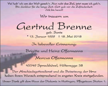 Traueranzeige von Gertrud Brenne von Stadtspiegel Hattingen/Niedersprockhövel