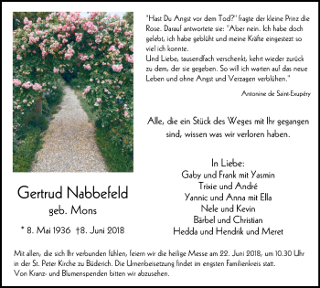 Traueranzeige von Gertrud Nabbefeld von Der Weseler + Der Xantener
