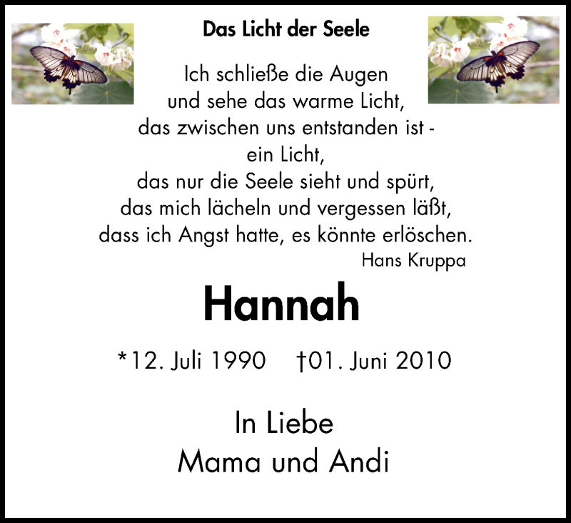  Traueranzeige für Hannah  vom 02.06.2018 aus Wochen-Anzeiger Langenfeld/Monheim/Hilden