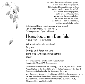 Traueranzeige von Hans-Joachim Bentfeld von Stadtspiegel Gelsenkirchen