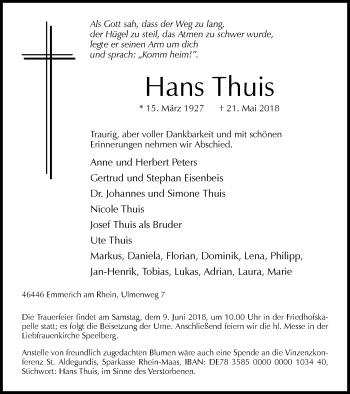 Traueranzeige von Hans Thuis von Stadtanzeiger Emmerich/Rees/Isselburg