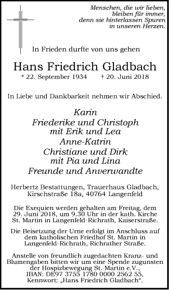 Traueranzeige von Hans Friedrich Gladbach von Wochen-Anzeiger Langenfeld/Monheim/Hilden