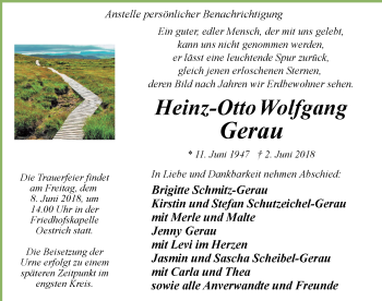 Traueranzeige von Heinz-Otto Wolfgang Gerau von Stadtspiegel Iserlohn + Hemer