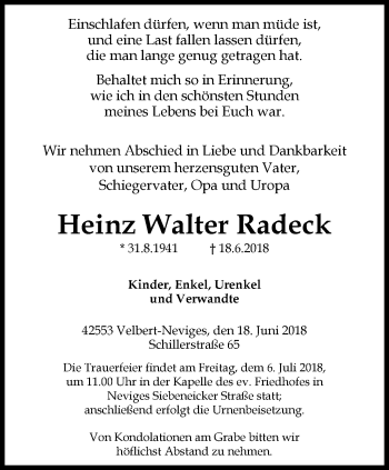 Traueranzeige von Heinz Walter Radeck von Stadtanzeiger Velbert + Heiligenhaus