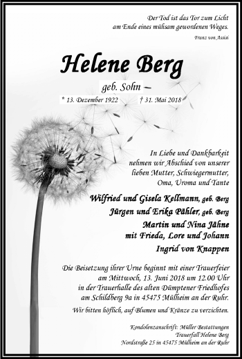 Traueranzeigen von Helene Berg TrauerinNRW.de