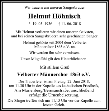 Traueranzeige von Helmut Höhnisch von Stadtanzeiger Velbert + Heiligenhaus