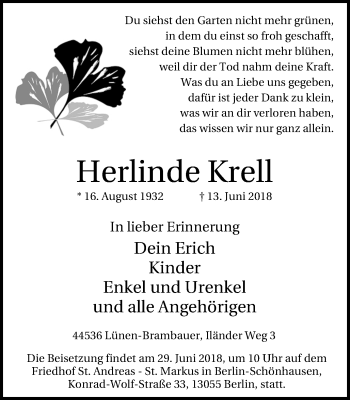 Traueranzeige von Herlinde Krell von Lüner Anzeiger