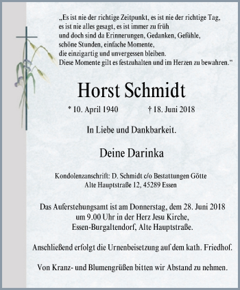Traueranzeige von Horst Schmidt von Ruhr Kurier