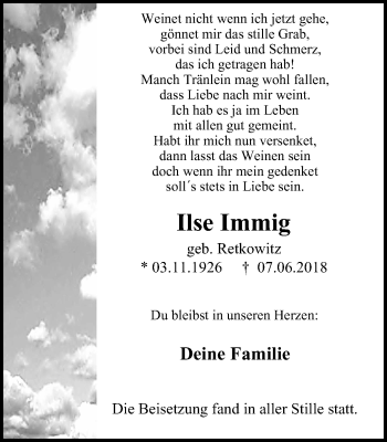 Traueranzeige von Ilse Immig von Wochen-Anzeiger Oberhausen