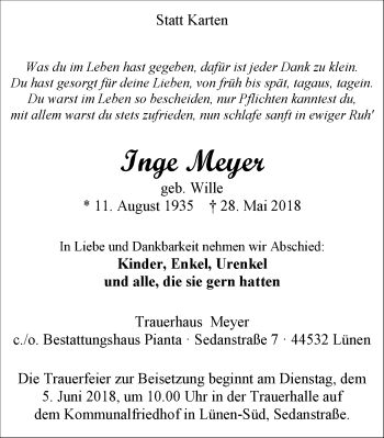 Traueranzeige von Inge Meyer von Lüner Anzeiger