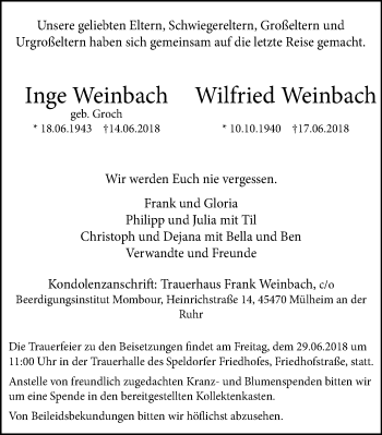 Traueranzeige von Inge und Wilfried Weinbach von Mülheimer Woche