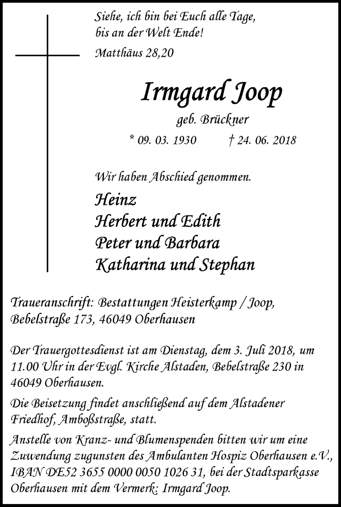  Traueranzeige für Irmgard Joop vom 27.06.2018 aus Wochen-Anzeiger Oberhausen