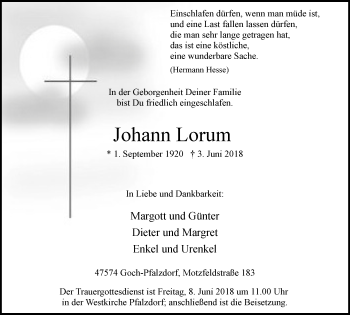 Traueranzeige von Johann Lorum von Gocher Wochenblatt