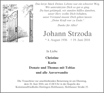 Traueranzeige von Johann Strzoda von Stadtspiegel Hattingen/Niedersprockhövel