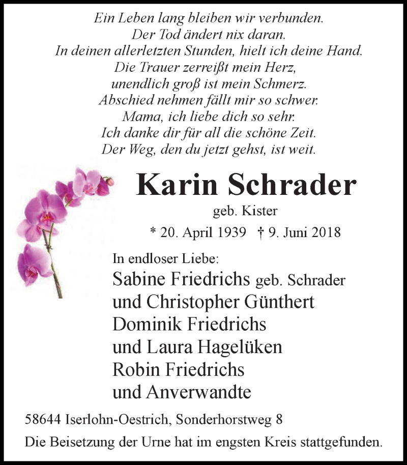  Traueranzeige für Karin Schrader vom 16.06.2018 aus Stadtspiegel Iserlohn + Hemer