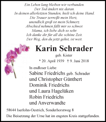 Traueranzeige von Karin Schrader von Stadtspiegel Iserlohn + Hemer