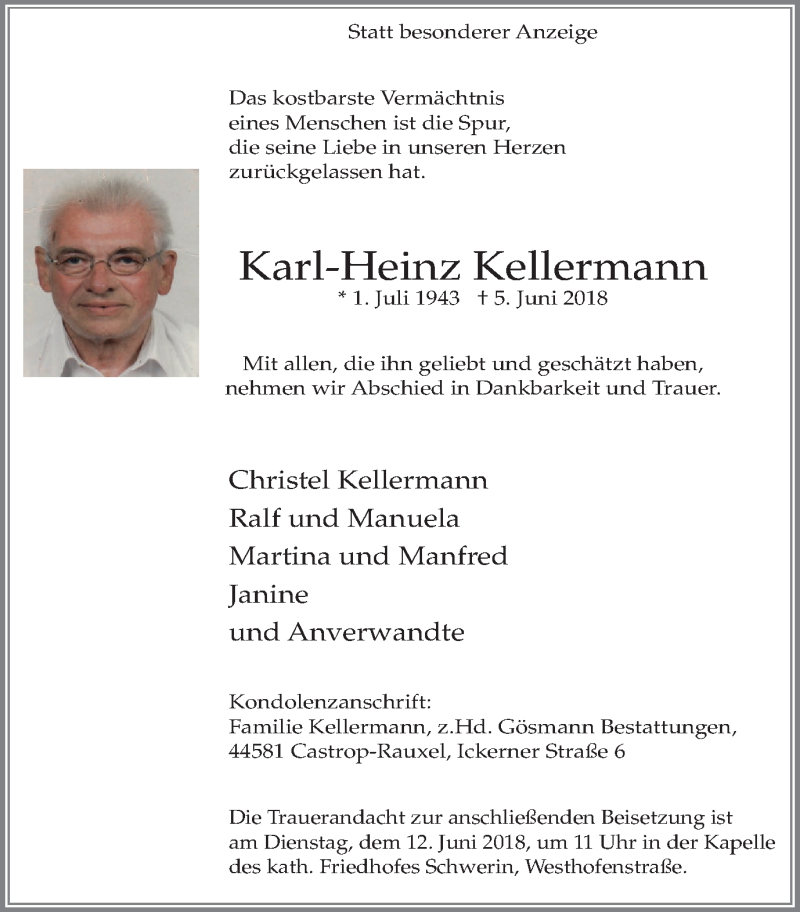  Traueranzeige für Karl-Heinz Kellermann vom 09.06.2018 aus Stadtanz.Castrop-Rauxel
