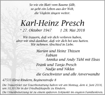 Traueranzeige von Karl-Heinz Presch von Klever Wochenblatt
