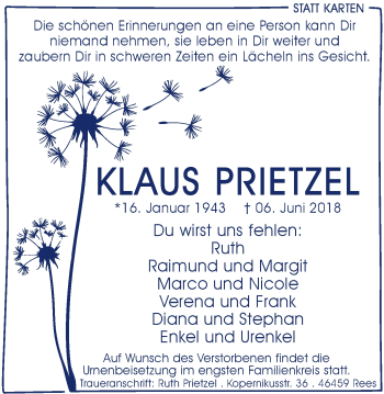 Traueranzeige von Klaus Prietzel von Stadtanzeiger Emmerich/Rees/Isselburg