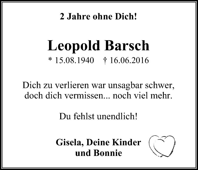  Traueranzeige für Leopold Barsch vom 16.06.2018 aus Wochen-Anzeiger Langenfeld/Monheim/Hilden